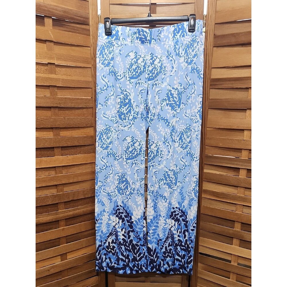Lilly Pulitzer Blue White Floral Leaf Women M Flowy Pants Beach Comfy Summer